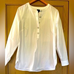 Talbots Classic White Non-Iron Blouse Rhinestone Button Panel Band Collar / lg
